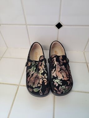 Alegria Black Clog with Metallic Rose and Green Floral Pattern